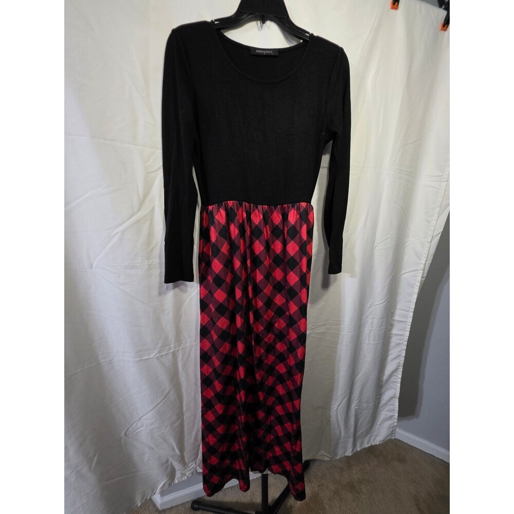 MEROKEETY Women's S Maxi Dress Black Knit Bodice Red Buffalo Plaid Skirt